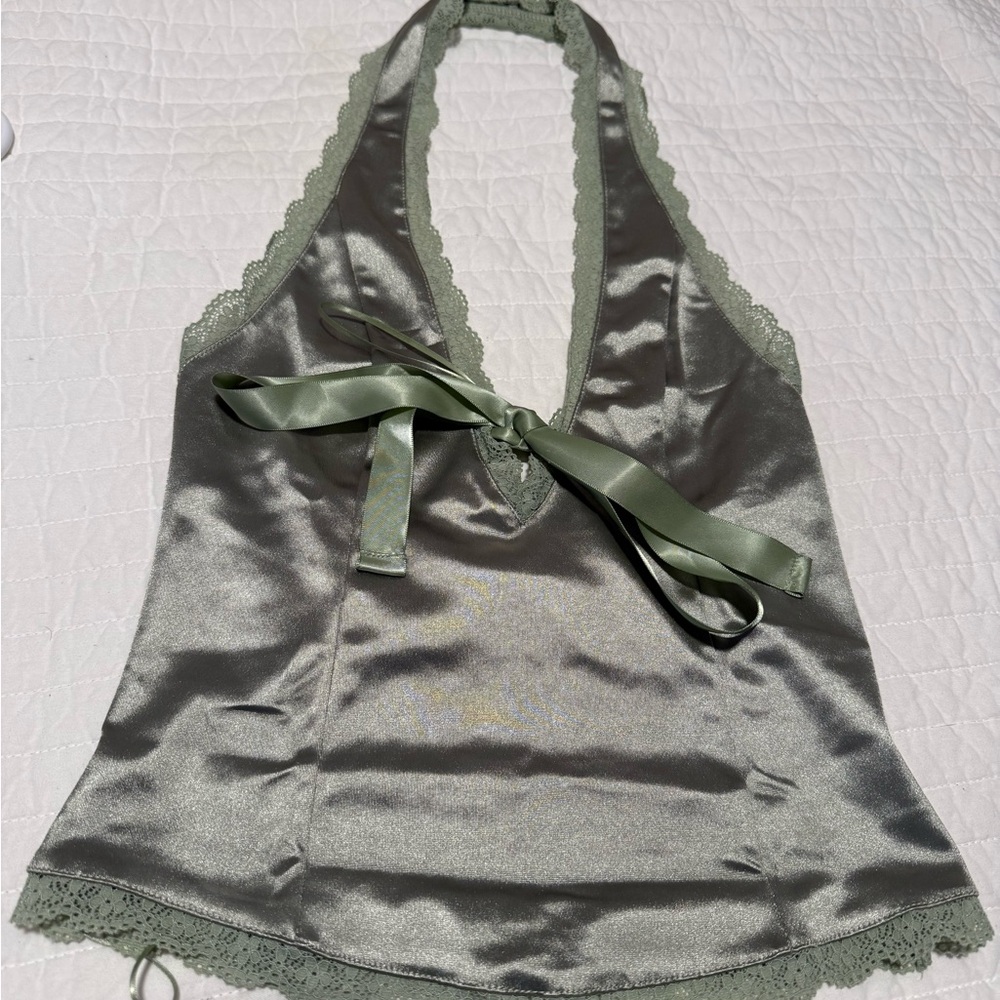Urban Outfitters Satin Halter Chemise in Sage